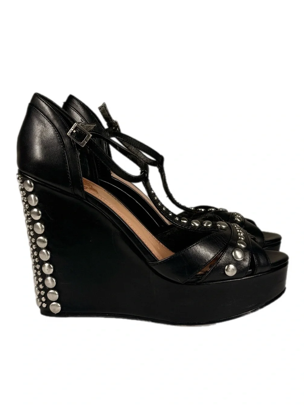 Vince Camuto | Black Studded Platform T-Strap Wedges